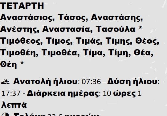 ΤΕΤΑΡΤΗ 22 ΙΑΝΟΥΑΡΙΟΥ