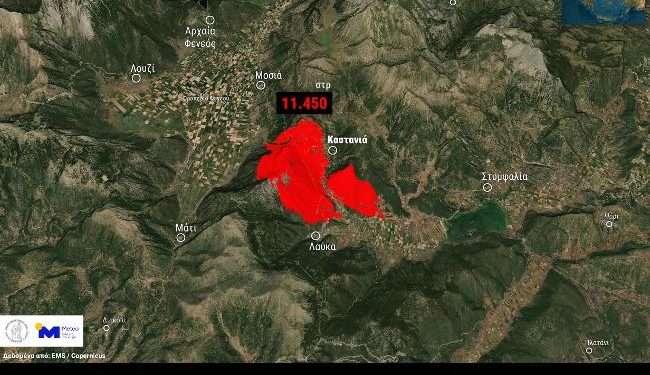 Φωτιά στον Φενεό: Δορυφορική εικόνα αποτυπώνει το μέγεθος της καταστροφής