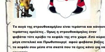 Τα αυγά της στρουθοκαμήλου είναι τεράστια και κάνουν τεράστιες ομελέτες . Όμως η στρουθοκάμηλος όταν φοβάται τότε κρύβει το κεφάλι της στο χώμα .Εσύ κύριε μέγα επιτελικέ και Πρωθυπουργέ  αφού φοβάσαι βάζεις το κεφάλι σου μέσα στα σκατά που τα έχεις κάνει για να κρυφτείς .