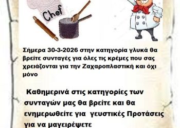 Σήμερα 30-3-2026 στην κατηγορία γλυκά θα βρείτε συνταγές για όλες τις κρέμες που σας χρειάζονται για την Ζαχαροπλαστική και όχι μόνο